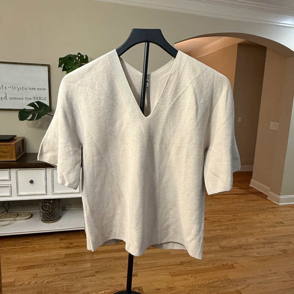 Uniqlo Womens 100% Cotton Oversized V-Neck SS Sweater Beige XXS Capsule Minimal